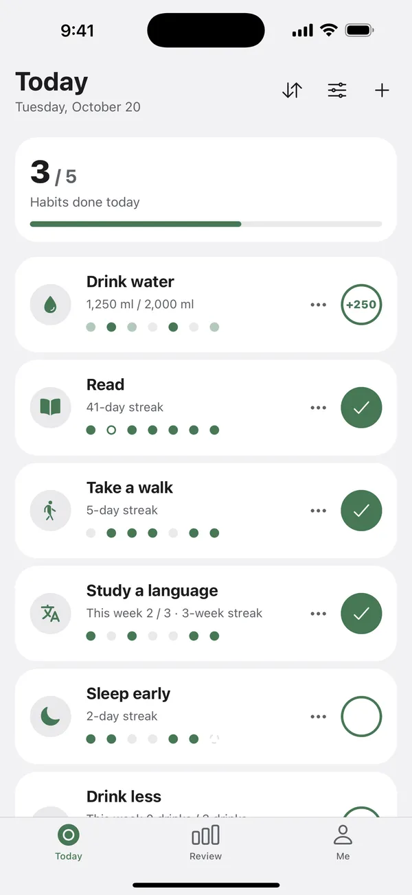 The Today screen with habits logged by tapping